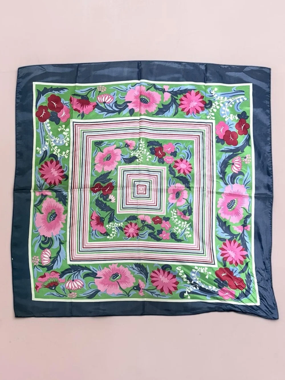 Floral Square Silk Scarf in Pink, Green & Navy